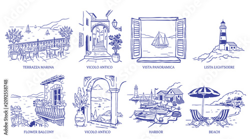 Mediterranean summer travel set featuring coastal terraces, harbors, and old town alleys, hand-drawn line art illustrations for postcards and menu design