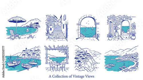 Set of vintage Mediterranean coastal views, harbor towns, and beach scenes, hand-drawn line art illustrations for postcards and travel branding.