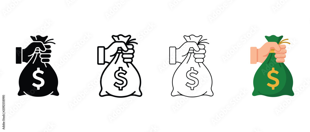 Obraz premium money bag icons with dollar sign being held by hand in various line art styles isolated on white background financial and business concepts
