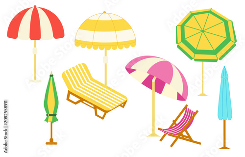 Vector set of color summer beach umbrellas with sun lounger or chair. Cartoon summer accessories for relaxation. Beach umbrellas for providing shade on a sunny day, a flat style set.