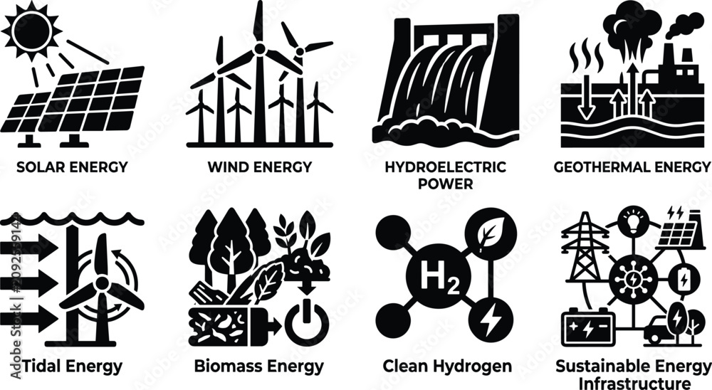 Fototapeta premium Renewable Energy Sources Silhouette Icons Set with Sustainable Power Technologies