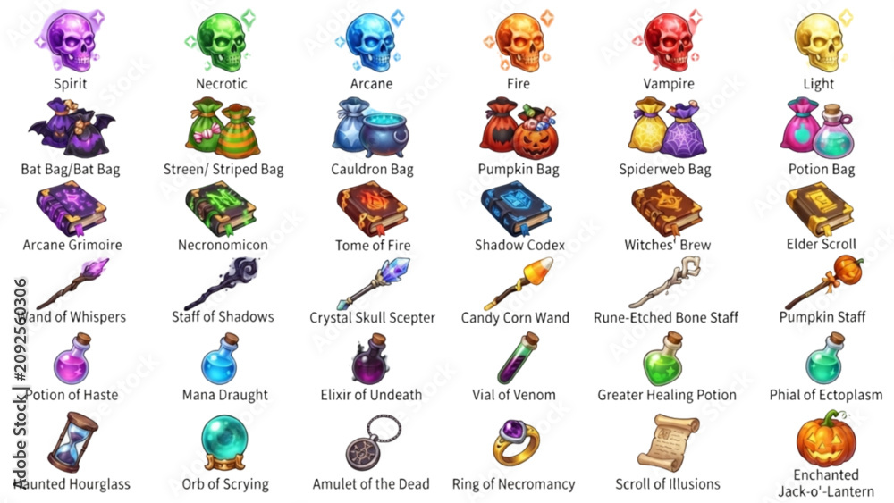 Obraz premium Colorful Halloween Magic Items Fantasy RPG Asset Sheet Vector