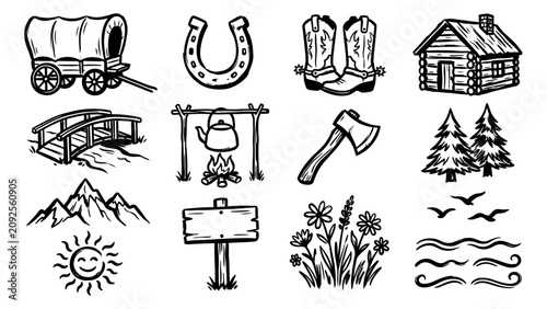 Fotografie Wild west and outdoor camping vector icon set with hand drawn pioneer wagon cabi