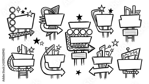 Retro roadside sign vector illustrations with blank billboards and arrows in hand drawn sketch style