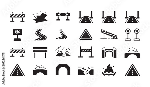 Εκτύπωση καμβά Road damage hazards and infrastructure construction warning signs glyph vector icon pack
