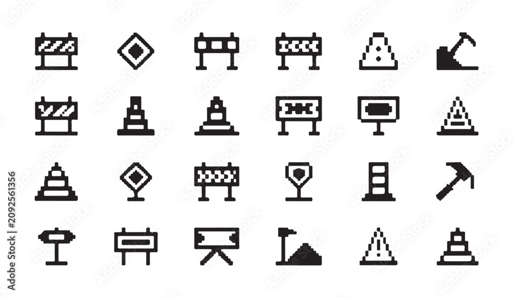 Fototapeta premium Small pixel art construction icons including barriers hammers and safety cones collection.