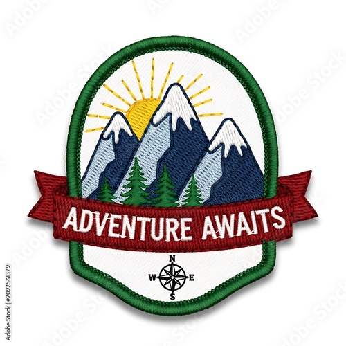 Adventure awaits mountain badge with compass design