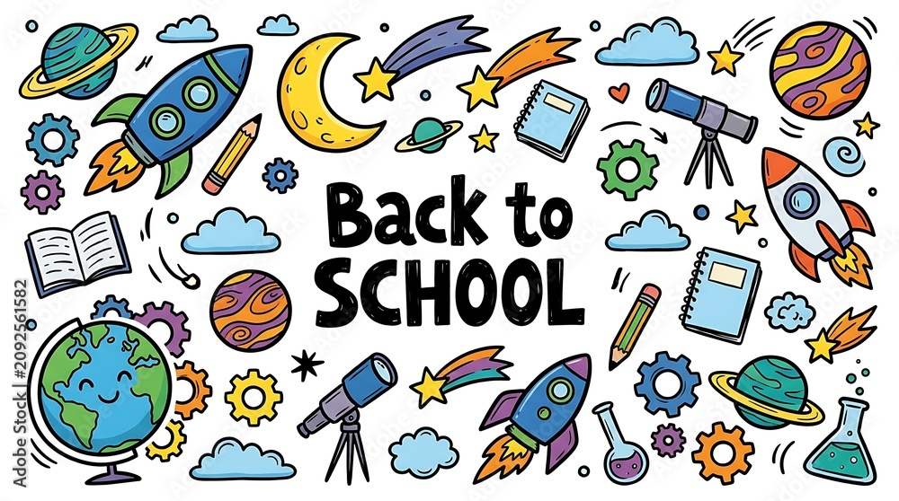 Fototapeta premium School themed doodle background illustration with planets rockets notebooks pencils and telescopes isolated on white background with lettering text back to school for educational project.