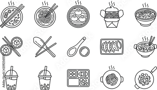 Foto Asian food icon set featuring ramen sushi dim sum noodles boba tea bento box out