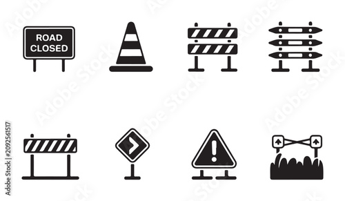 Canvastavla Black silhouette road construction icons showing street barricades and traffic safety cones