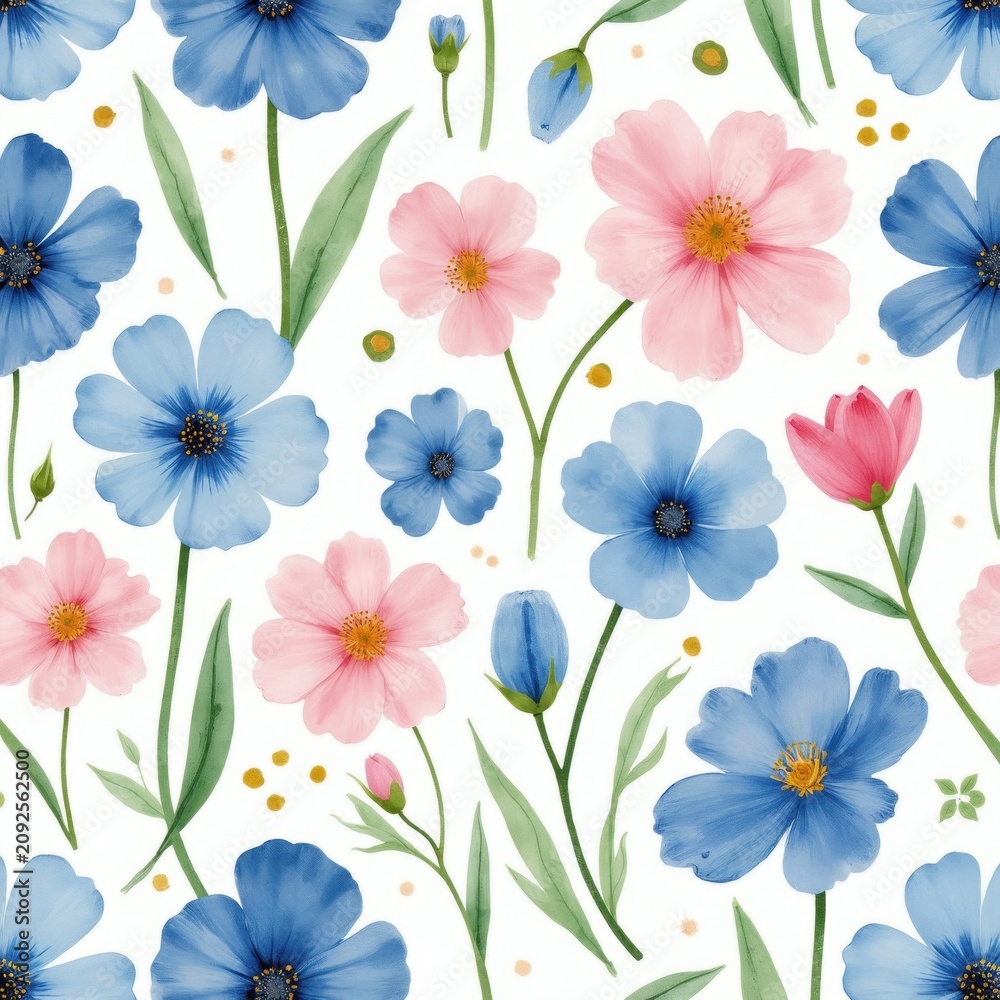 Obraz premium Watercolor floral pattern with blue and pink cosmos flowers and green leaves. Delicate blossoms and buds repeat across white background. Gentle botanical art.
