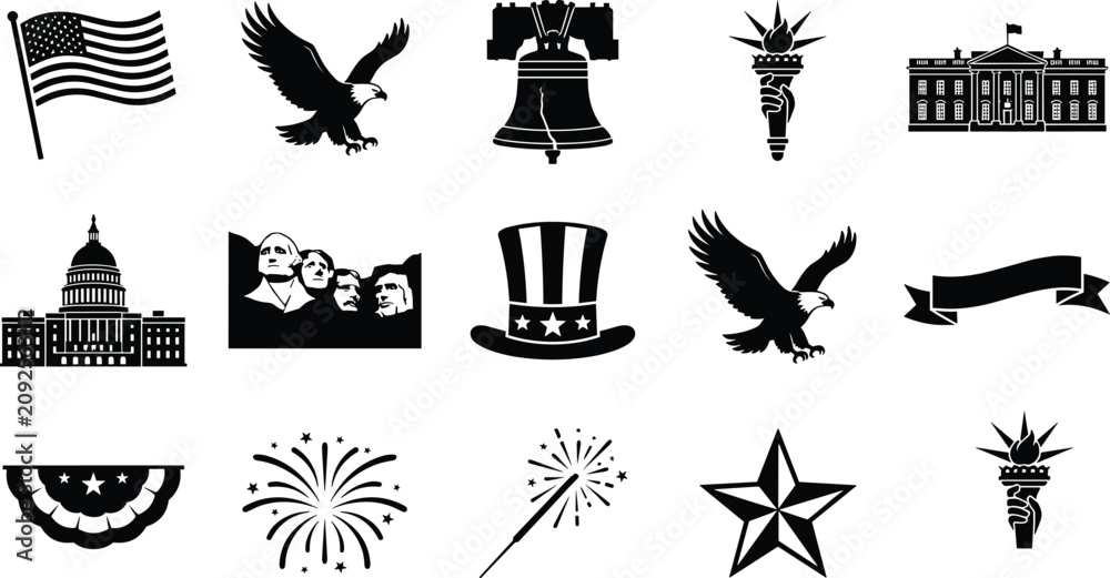 Fototapeta premium American Patriotic Black Silhouette Icon Set Featuring USA Flag Bald Eagle Statue of Liberty Liberty Bell and White House Symbols
