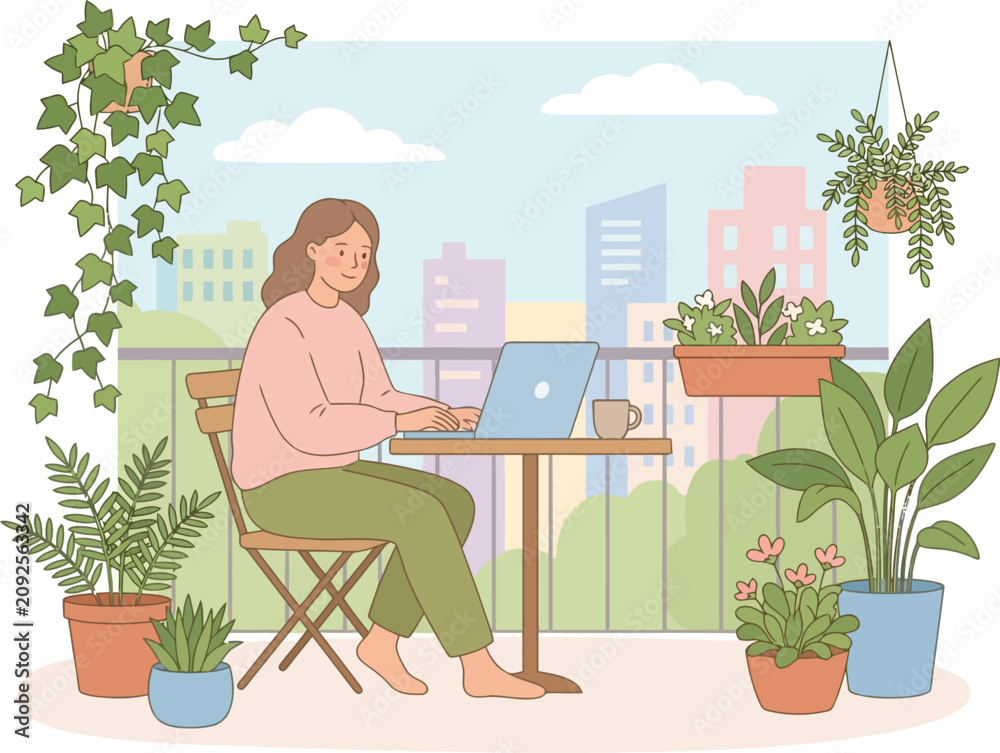Fototapeta premium Modern Workspace with Plants and Cozy Nature-Inspired Flat Vector Illustration