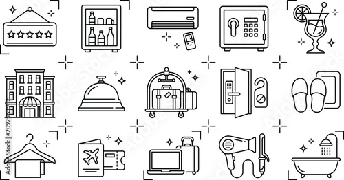 Εκτύπωση καμβά Hotel amenities and luxury room service line icons set for accommodation hospita