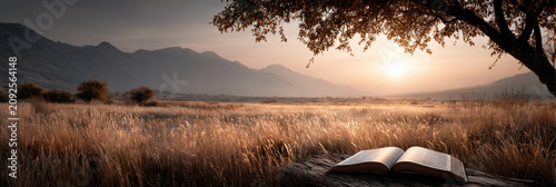 Open book resting on wood in a golden hour landscape with towering mountains and sunlit fields, representing spirituality, wisdom, learning, and peaceful reflection in nature