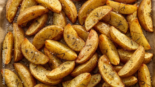 A pile of golden-brown roasted potato wedges