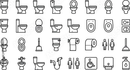Toilet Bathroom and Restroom Icon Set Featuring Commode Bowls Plungers Paper Rolls Signs and Plumbing Equipment Line Symbols