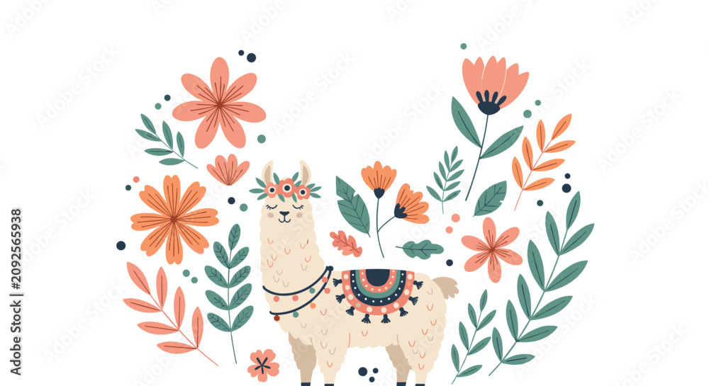 Obraz premium Adorable llama wearing a colorful flower crown and patterned saddle surrounded by large blossoms and green leaves.