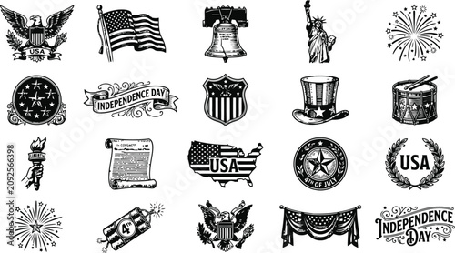Cuadro en lienzo Collection of American Independence Day icons in vintage engraving style with pa