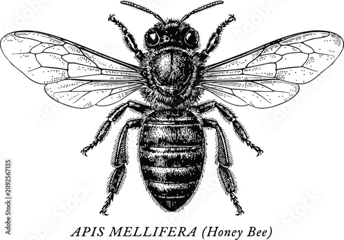 Konstfotografi Detailed Apis Mellifera Honey Bee illustration in overhead view with delicate wi