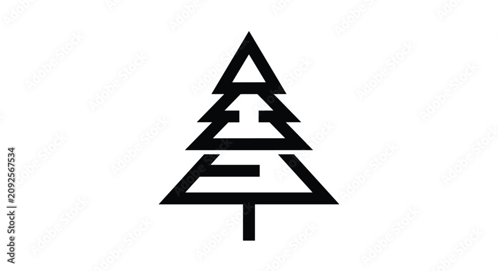 Fototapeta premium Minimalist black pine tree icon composed of geometric shapes on a white background for outdoor branding or nature conservation logos.