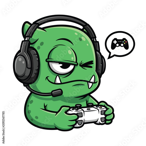 Cartoon Green Monster Gamer Wearing Headphones Playing Video Games.