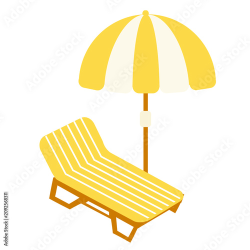 Vector set of yellow striped summer beach umbrella with sun lounger. Cartoon summer accessories for relaxation. Beach umbrellas for providing shade on a sunny day, a flat style set.