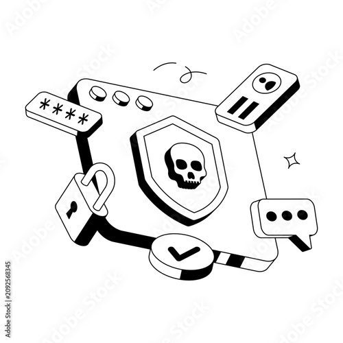 Shield with devices, locks, chat bubbles, and security elements representing cybersecurity protection.