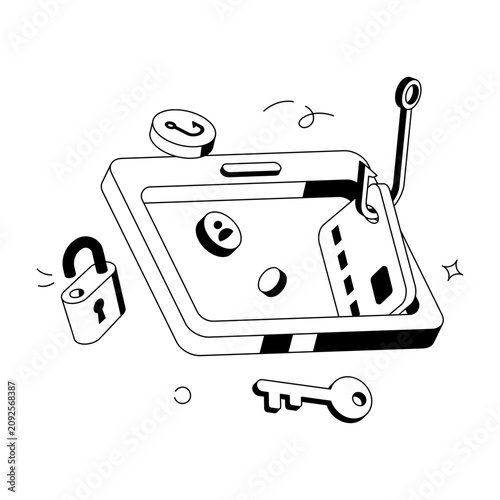 Tablet with fishing hook, key, and lock illustrating a phishing attack.
