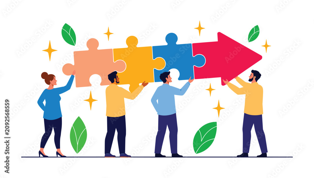 Obraz premium Teamwork Puzzle Assembly: A diverse group of individuals collaborates to connect puzzle pieces, forming an arrow that signifies progress and shared goals in a stylized illustration.