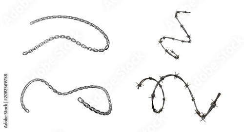 Bild auf Leinwand Metal chain and barbed wire PNG overlay set isolated on transparent background for realistic industrial photo editing and design work