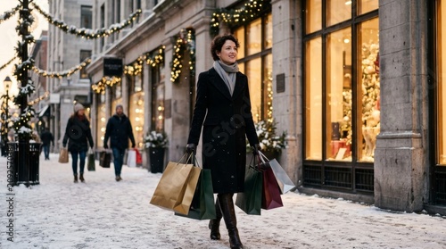 Woman Shopping on Snowy Street for Holiday Gifts