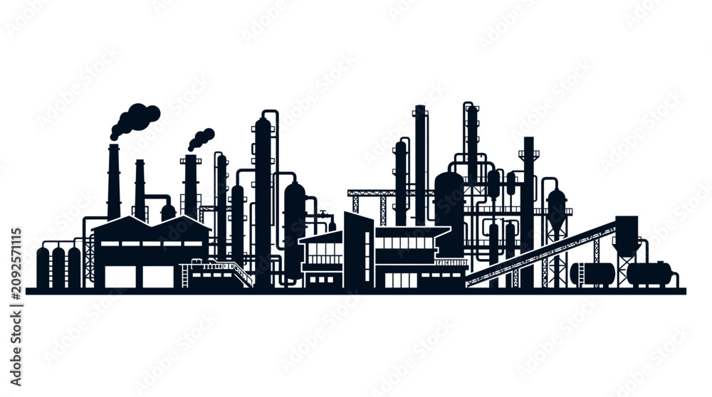 Fototapeta premium Industrial Factory Silhouette - Petrochemical Plant with Smoke Stacks