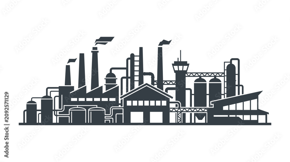 Obraz premium Industrial Factory Silhouette: Manufacturing Plant with Smokestacks and Pipes
