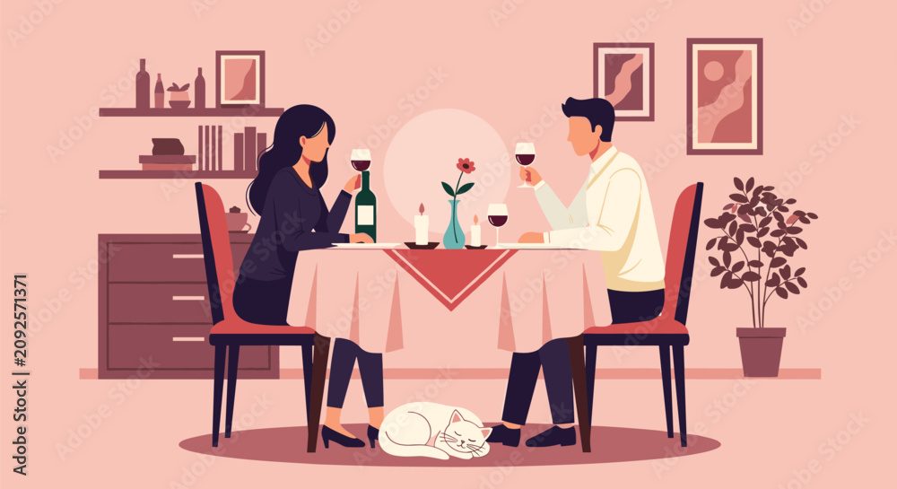 Fototapeta premium Couple enjoys a romantic candlelit dinner at home with glasses of red wine while a white cat sleeps peacefully under the dining table.