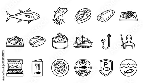 Seafood and Fish Market Icon Set Featuring Salmon Steak Tuna Sushi Canned Food Fishing Boat Hook and Fisherman Symbols in Outline Vector Style