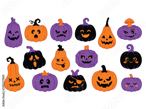 Cute Halloween Pumpkin Characters Collection, Kawaii Jack O Lantern Faces Set, Cartoon Halloween Pumpkin Vector Clipart Bundle