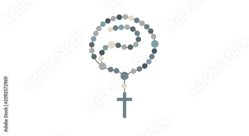 Rosary beads with cross flat vector illustration on white background, traditional catholic prayer beads.