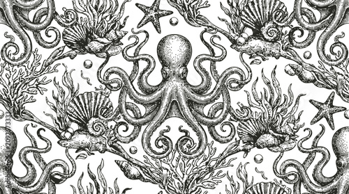 Bild auf Leinwand Intricate cephalopod and seashell pattern in a vintage stippling style with aqua