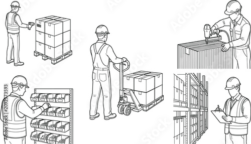 Logistics and warehouse worker line art collection showing inventory control, packaging, and shipping processes