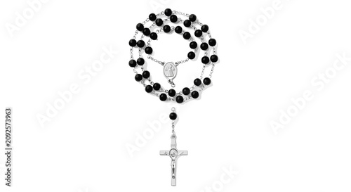 Catholic rosary beads with a silver crucifix and saint medal on white background for prayer.