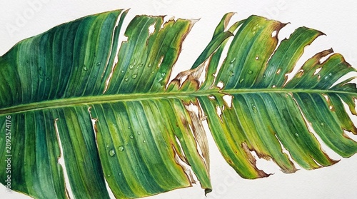 Extreme close-up illustration of a tropical banana leaf with realistic tears and rich green gradients.