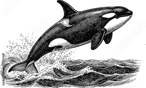 Fotografía Orca whale breaching ocean waves during a dramatic aquatic display with dynamic