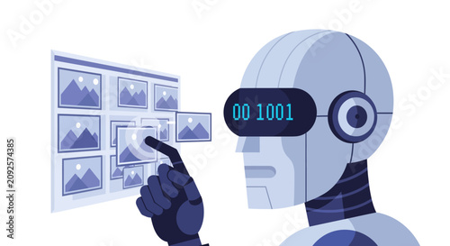 AI Robot Interacting with Digital Image Gallery for Artificial Intelligence Content Creation, Image Recognition, and Machine Learning Concepts