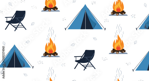 Seamless camping pattern featuring blue triangular tents, burning campfires, and dark folding chairs representing outdoor adventure and travel.