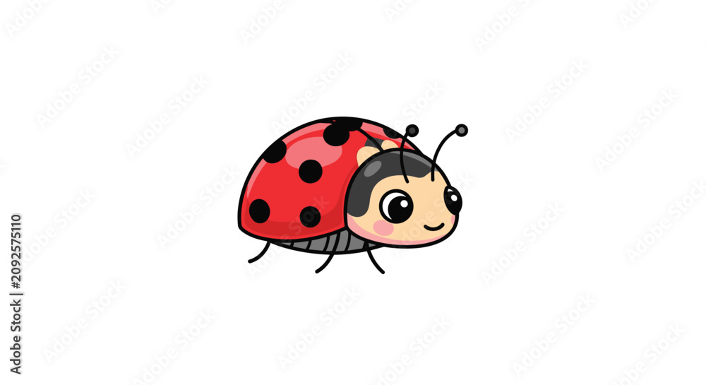 Fototapeta premium Adorable cartoon ladybug character with large expressive eyes and black spots on red wings isolated on white for kids content.