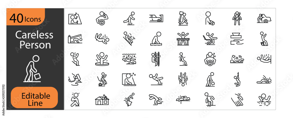 Naklejka premium Careless Person Line Icon Pack, Human Error, Workplace Mistakes, Risk Management, Inattention, Safety Awareness, Editable Stroke, Pixel Perfect 