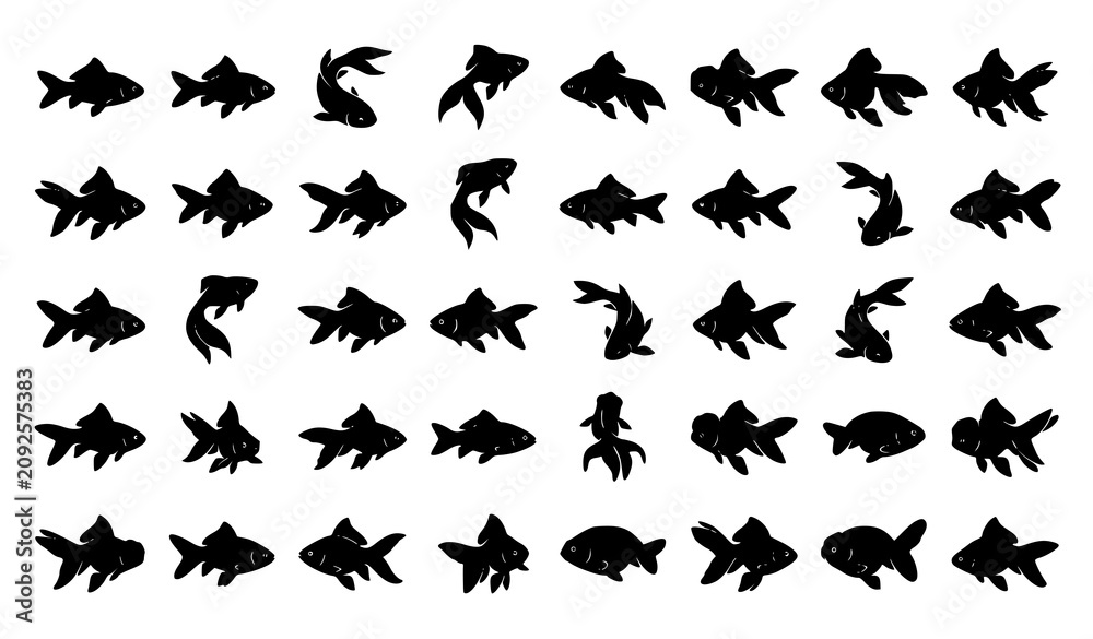 Fototapeta premium Goldfish Silhouette Collection Featuring Swimming Aquarium Fish in Various Poses Isolated on White Background