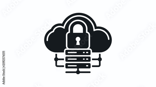 Cloud Security System With Padlock And Server Silhouette