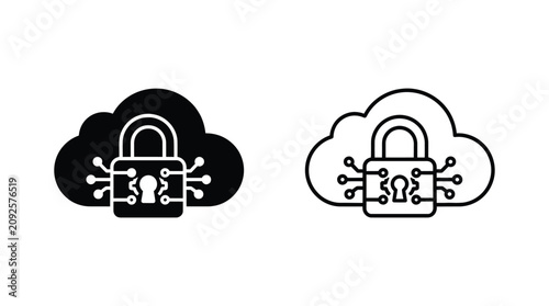 Secured Cloud Data With Lock Icon Black And White Silhouette